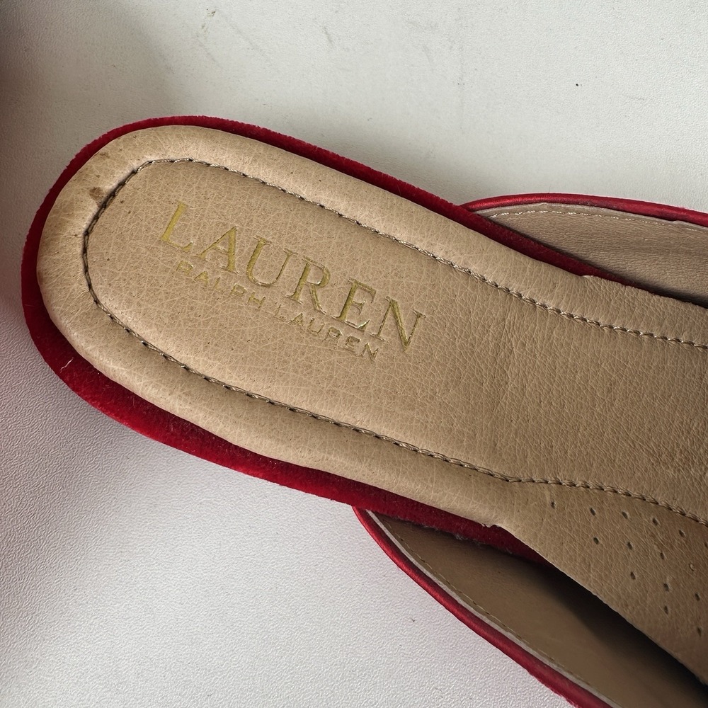 NEW Lauren Ralph Lauren Alaina Dogs Red Velvet Embroidered Mules Womens 8B Flats - Picture 5 of 7